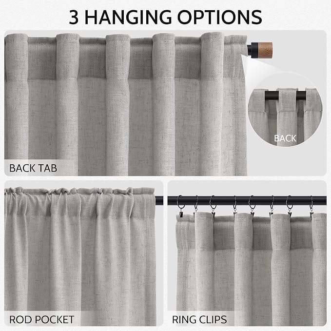 Nanspring Light Gray Linen Curtains 102 Inches Long for Living Room Modern Farmhouse Decor Rod Pocket Back Tab Light Filtering Boho Semi Sheer Grey Curtain for Bedroom 52x102, 2 Panels