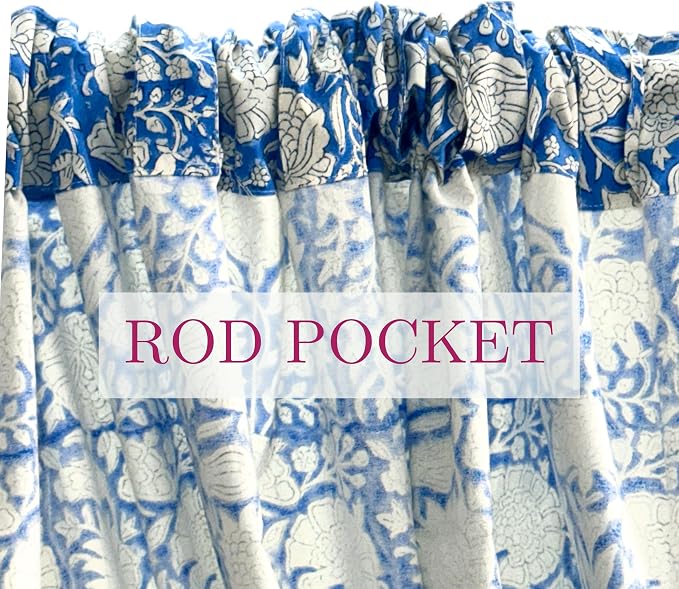 ATOSII 100% Cotton Single Panel Floral Block Print Curtain, Easy Hanging with Rod Pocket & Loop, Living Room, Dining Room, Bedroom Light Filtering Boho Curtains, Set of 1, 60" W X 84" L, Azora Blue