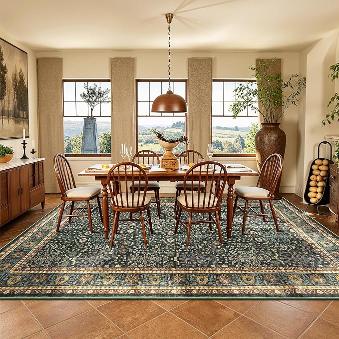 Lofus 9x12 Large Green Area Rug for Living Room & Bedroom Washable Non-Slip | Soft Boho Vintage Area Rugs for Bedroom Dinning Room Home Office Indoor