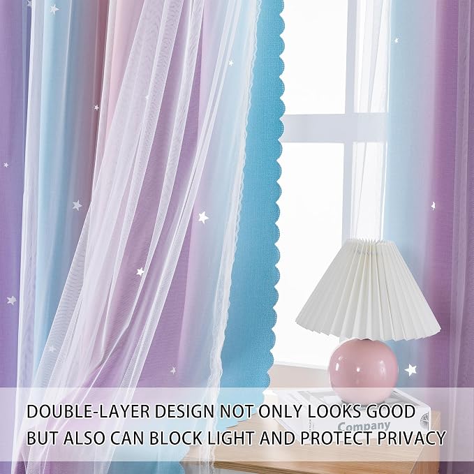 XiDi Pink Purple Blackout Curtains 108 Inches Long for Girls Bedroom 2 Panels Room Darkening Grommet Window Curtains Colorful Rainbow Design Unicorn Kids Nursery Princess Theme Decor 42Wx108L