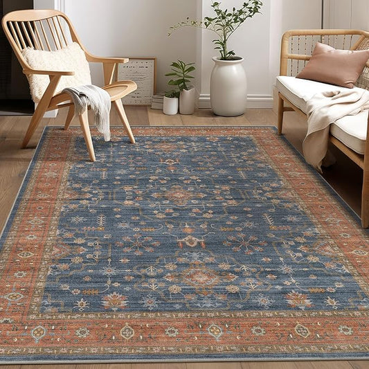 6x9 Area Rug for Living Room- Machine Washable Soft Oriental Vintage Large Indoor Floor Carpet for Bedroom Under Dining Table Home Office Decor - Blue Terracotta