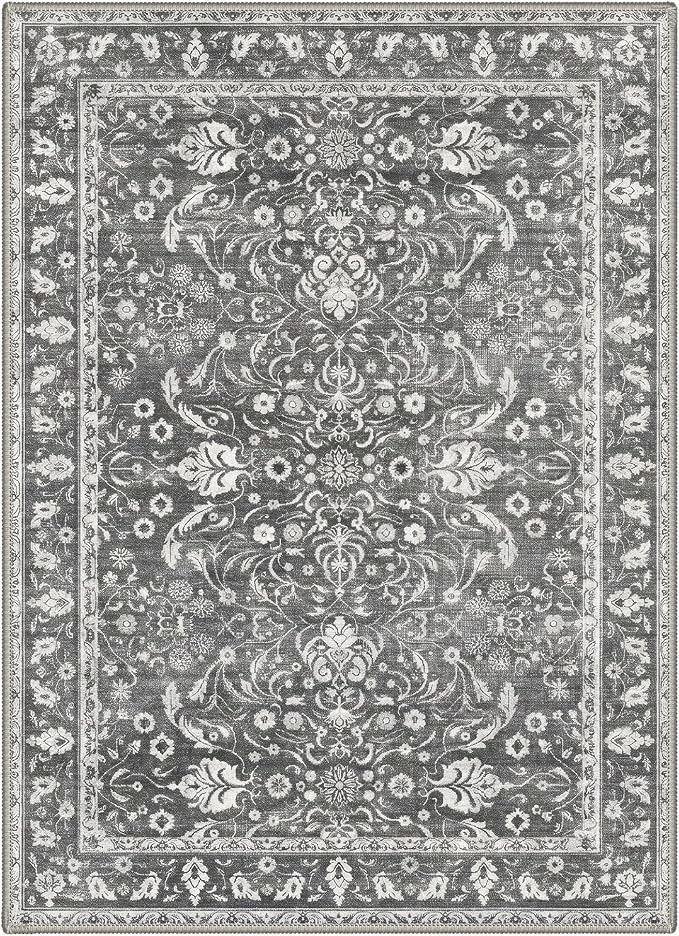Bavni Washable Rugs 8x10, Machine Washable Rug Lightweight Low Pile, Floral Vintage Rug Non-Shedding Distressed Throw Carpet for Living Room Bedroom Office, Charcoal Gray