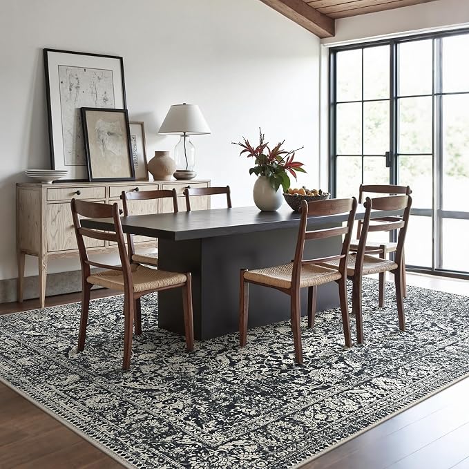 Bavni Washable Rugs 6x9 Machine Washable Rug Lightweight Low Pile, Vintage Floral Rug Non-Shedding Distressed Throw Carpet for Living Room Bedroom Office, Black Floral