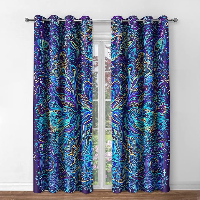 Jekeno Hippie Bohemian Mandala Blackout Curtains Home Living Room Bedroom Decor, Indian Gypsy Abstract Texture Print Window Drapes 2 Panel Set, Blue 42"x63"