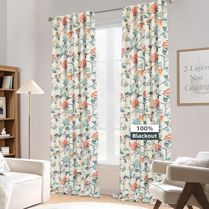 DriftAway Ada Floral Botanical Print Flower Leaf Lined Thermal Insulated Room Darkening Blackout Window Curtains 2 Layers Set of 2 Panels Each 52 Inch by 120 Inch Orange Teal Beige Linen