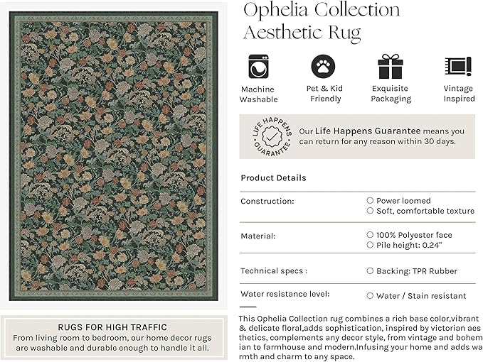 HUGEAR Retro Area Rugs 3x5 Washable Living Room Bedroom Rugs Vintage Floral Throw Carpet Dark Green Stain Resistant Non Slip Low Pile for Home Aesthetic Modern Decor