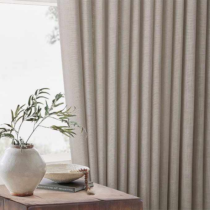 Pinch Pleated Linen Curtains 108 Inches Long for Living Room 2 Panels Set Greyish Beige Flax Double Pleated Drapes Back Tab Farmhouse Ceiling Floor 108 Inch Window Curtains Bedroom Burlywood Birch