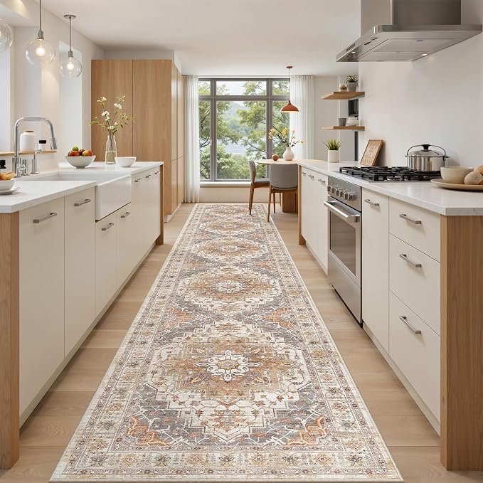 2'6" x 14'Non Slip Runner Rugs - Runners for hallways, Kitchen,Entryway,Stain Resistant Washable Rugs for Bedroom, Indoor Vintage Area Rugs (Turmeric/Grey,2'6" x 14')