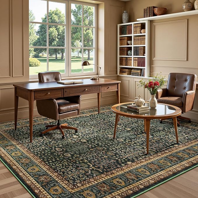 Lofus 9x12 Large Green Area Rug for Living Room & Bedroom Washable Non-Slip | Soft Boho Vintage Area Rugs for Bedroom Dinning Room Home Office Indoor