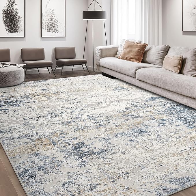DMOYEST Area Rug Living Room Rugs - 10x14 Abstract Large Soft Indoor Washable Rug Neutral Modern Low Pile Carpet for Bedroom Dining Room Farmhouse Home Office - Beige Blue