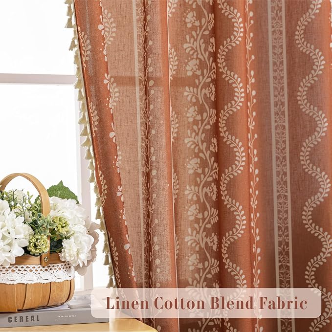 Terracotta Boho Sheer Curtains for Bedroom Living Room, 2 Panels Moody Funky Floral Light Filtering Drapes 72 Inch Long