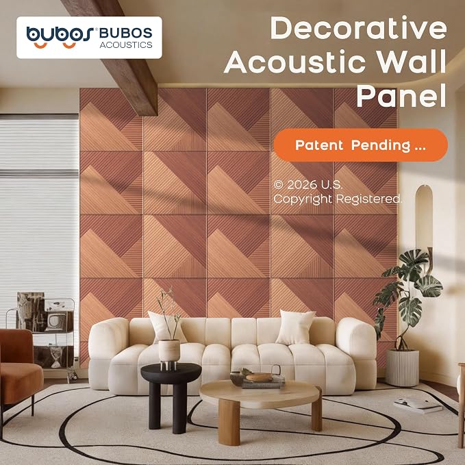 BUBOS 6 Pack Acoustic Wall Panels - High-Density Polyester Sound Absorbing Panels, Decorative Wood Print Treatment for Recording Studio & Home Office, Peel and Stick, 23.6" x 23.6"