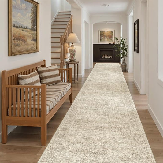 Soalmost Hallway Runner 3x14 - Runner Rugs 14ft Washable Entryway Rug Vintage Kitchen Runners Non Slip Indoor Rug Farmhouse Carpet Runner for Bathroom Living Room Bedroom, Beige
