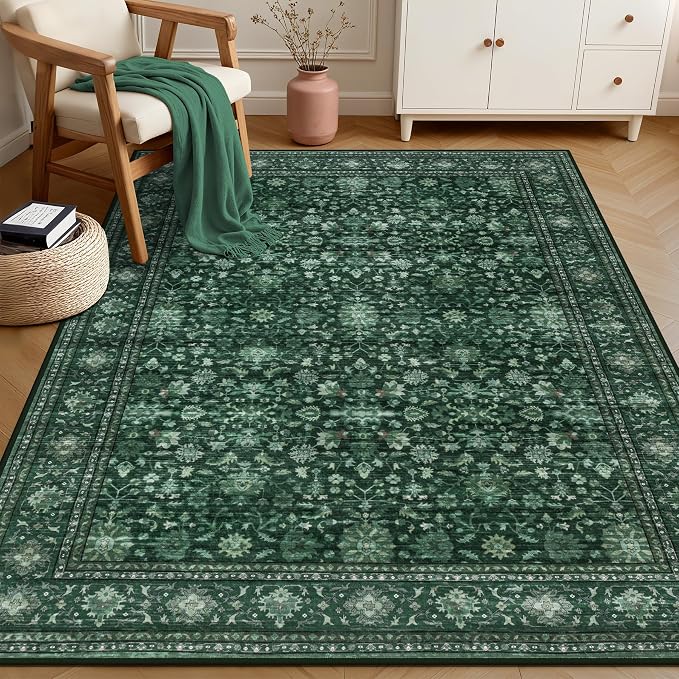 5x7 Area Rugs Living Room Rug: Washable Vintage Distressed Floral Rug No Slip Stain Resistant Soft Carpet Indoor Large Carpets for Bedroom Dining Room Farmhouse Nursery Hallway Home Office Deep Green