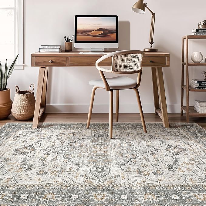 6x9 Area Rugs Living Room: Washable Boho Large Neutral Vintage Soft Rugs Stain Resistant Distressed Farmhouse Non-Slip Indoor Floor Carpet for Bedroom Nursery Kids Office Dining Room- Taupe