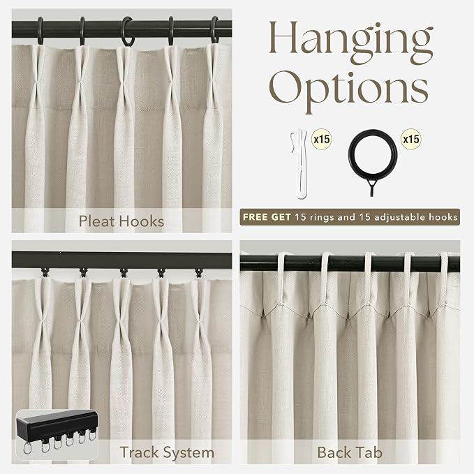72 Inch Linen Curtains 2 Panel Set for Living Room Natural Beige Pinch Pleat Curtain Memory Trained with Hook FarmhouseRustic Canvas Textured Light Filtering Track System Pleated Drapes 72 Long