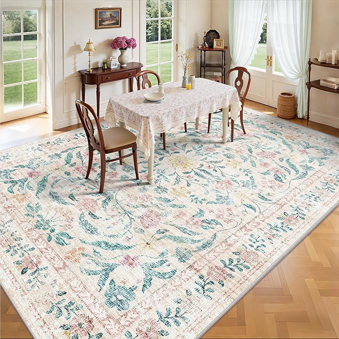 8x10 Area Rugs, Machine Washable Low Pile Floral Rugs for Living Room, Bedroom, Large Boho Area Rug with Non-Slip Backing for Dining Room(Pink Bloom)