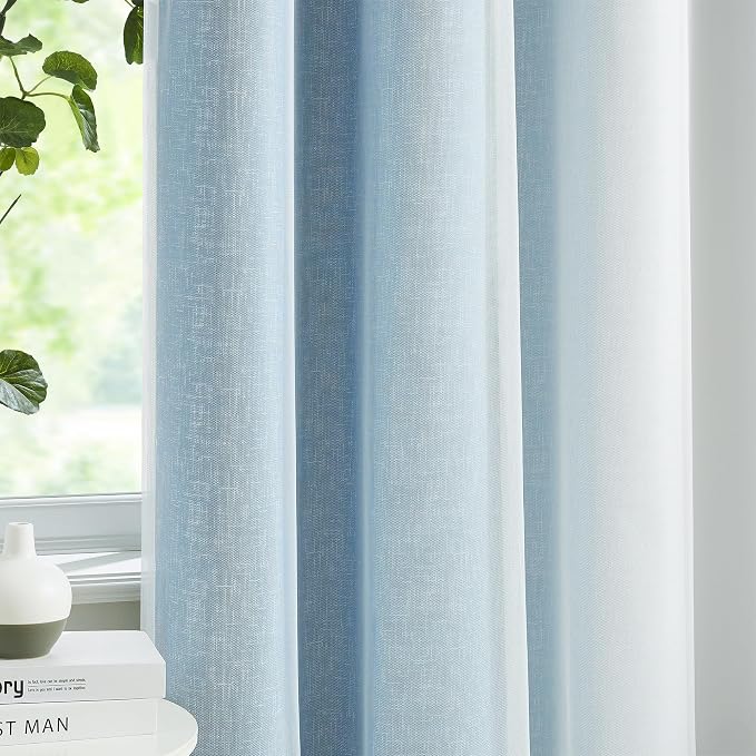Ombre 100% Blackout Curtains 90 Inches Long 2 Panels for Bedroom Living Room Blue and White Double Layer Sheer Overlay Mix & Match Grommet Thermal Soundproof Drapes with Tiebacks, 52x90