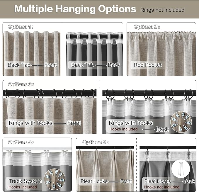 RAIN CITY Blackout Curtains 102 Inch Long 2 Panels,Linen Room Darkening Black Out Drapes for Living Room Tall Windows Back Tab with Hooks Boho Modern Farmhouse Decor Shaded Drop 50x102