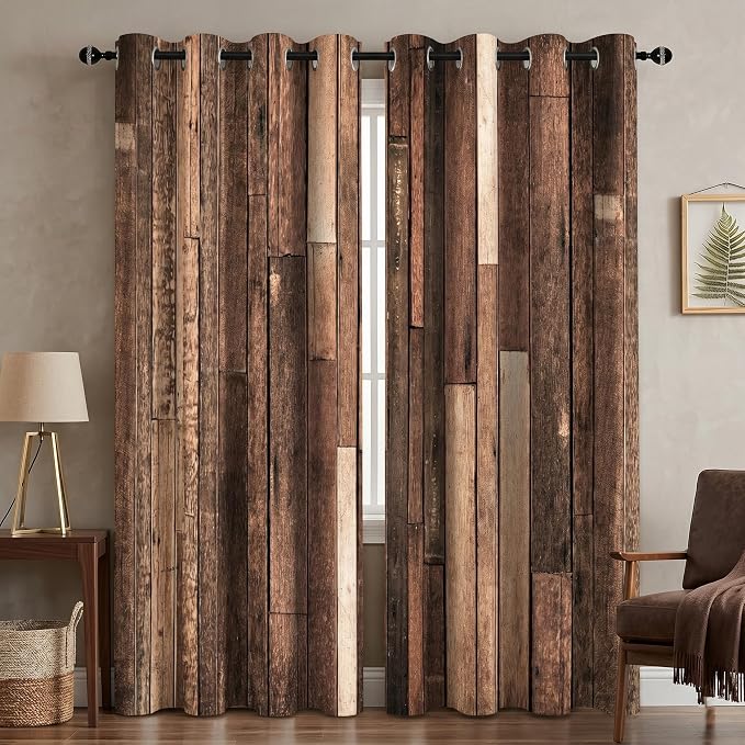 iTapnoom Rustic Wooden Brown Blackout Curtains, Retro Farmhouse Wood Board Door Living Room Bedroom Decor Thermal Curtain Darkening Grommet Window Drapes Treatments, 2 Panels 52x84 Inch