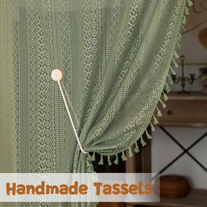 Sutuo Home Olive Green Boho Doorway Curtains for Doorway Closet, Lace Sheer Door Curtains for Front Door Crochet Vintage Tassels Bohemian Privacy Temporary Room Divider Rod Pocket,1 Panel 37" x 80"