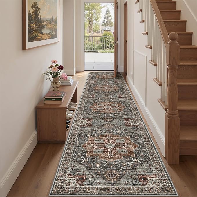 Washable Runner Rug 2.6x12 Runners for Hallways, Ultra-Thin Carpet Runners for Entryway, Non Slip Backing Runner Rugs for Kitchen Laundry Room Indoor Hallway (Grey/Brown/Tan)