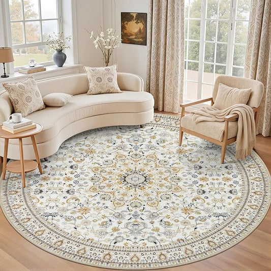 Round Area Rug for Living Room: 6ft Washable Vintage Boho Soft Thin Circle Rug Indoor Floor No Slip Stain Resistant Carpet for Bedroom Dining Room Farmhouse Nursery Home Office - Beige