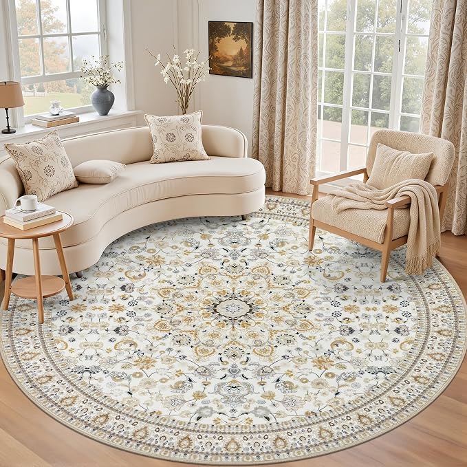 Round Area Rug for Living Room: 4 ft Washable Vintage Boho Soft Thin Circle Rug Indoor Floor No Slip Stain Resistant Carpet for Bedroom Dining Room Farmhouse Nursery Home Office - Beige