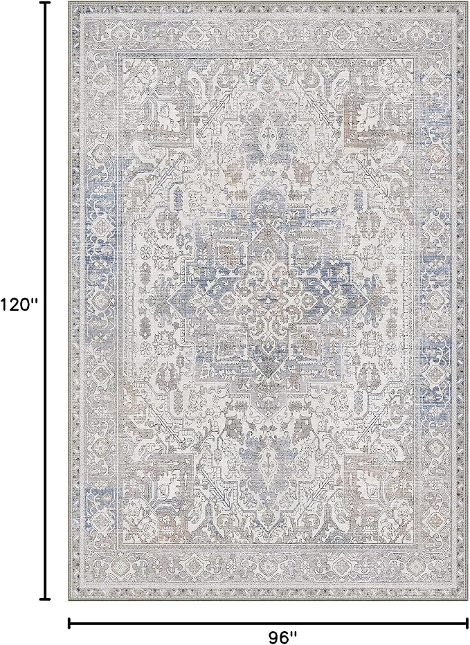 GENIMO 8x10 Area Rugs for Living Room, Machine Washable Non Slip Vintage Retro Rugs, Low Pile Lightweight Thin Print Rug for Bedroom, Dining Room, Home Office, Khaki Blue