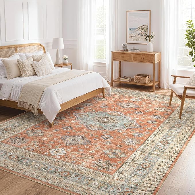 Vintage Living Room Area Rug 8x10 - Large Soft Washable Oriental Traditional Distressed Farmhouse Rugs for Bedroom - Indoor Floor Accent Carpet for Home Office House Decor - Orange