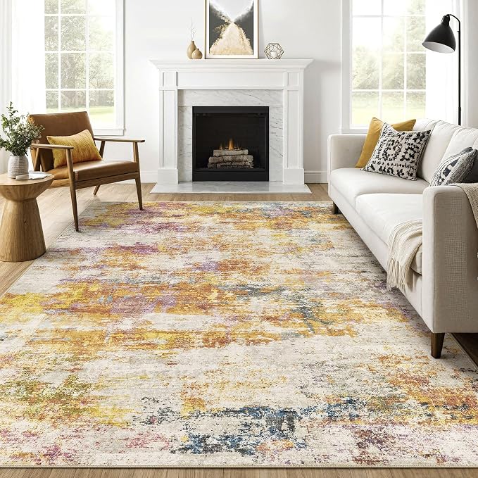 10x13 Area Rug Living Room: Washable Large Abstract Modern Soft Stain Resistant Indoor Floor Rugs Non-Slip Accent Carpet for Bedroom Nursery Playroom Office Dining Room Dorm Home House- Gold Colorful