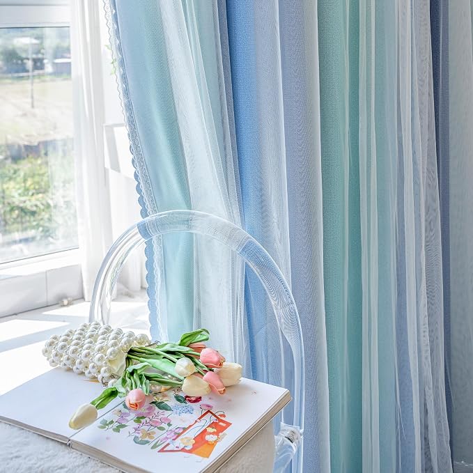 XiDi Blakout Curtains with Sheer Overlay 84 Inches Long for Bedroom 2 Panels Double Layer Rainbow Curtains for Nursery Kid Room Thermal Insulated Room Darkening Grommet Drapes Blue Green Grey 34Wx84L