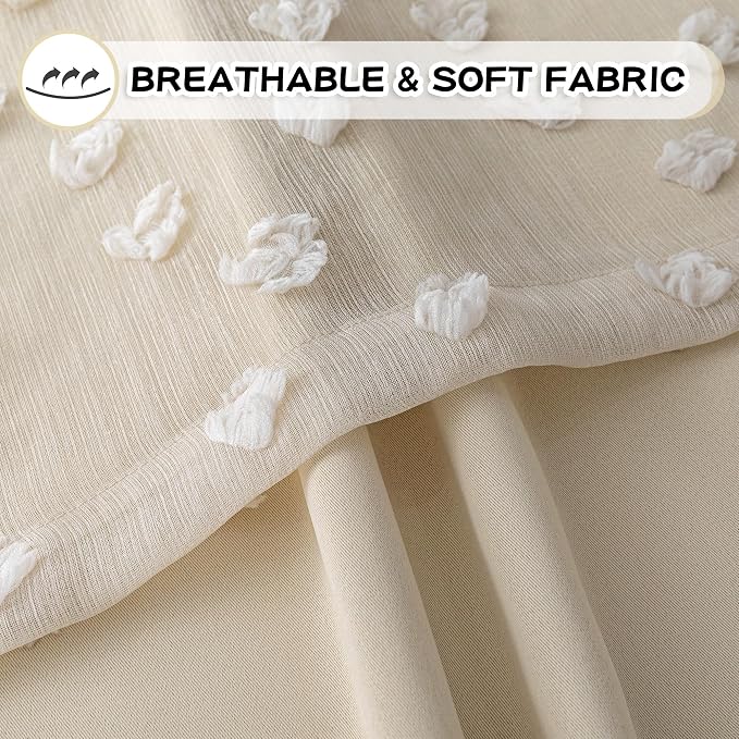 MYSKY HOME Beige Curtains for Bedroom 90 Inches Long Living Room Curtain with Beige Pom Pom Sheer for Dining Room Grommet Double Layer Nursery Curtain Toddler Room Darkening Window Drapes 52 Wide