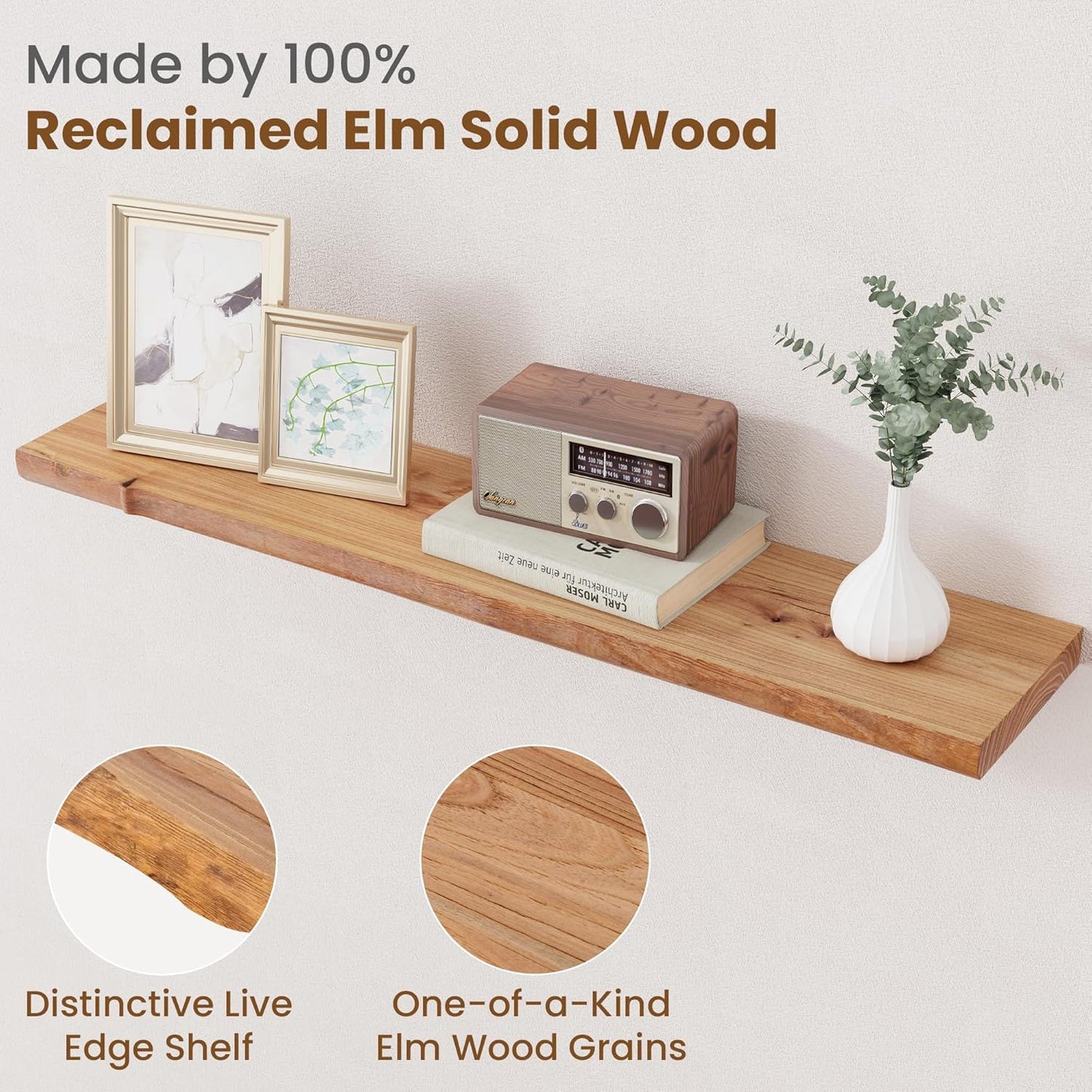 Floating Shelves for Wall Decor, Rustic Solid Elm Wood Floating Shelves Wall Mounted, Wall Shelves with Invisible Bracket for Living Room Bathroom Bedroom Kitchen, 36 Inch Set of 2, Natural