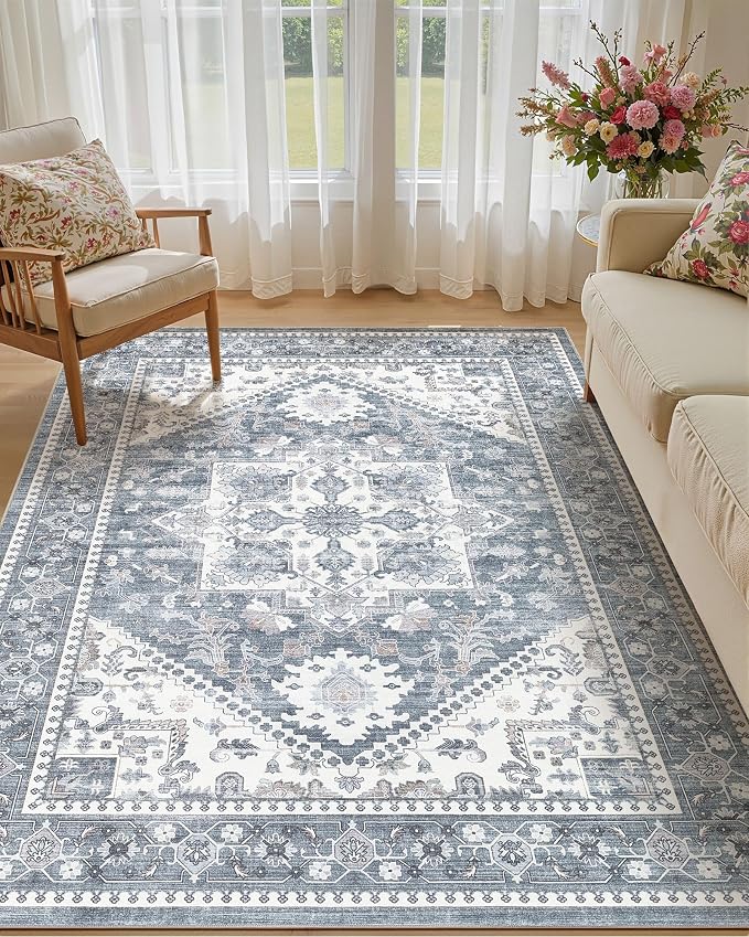 6x9 Vintage Area Rug: Washable Neutral Soft Non Slip Thin Large Floor Carpet for Living Room Bedroom Kitchen Dining Room Home Office Farmhouse Indoor - Blue