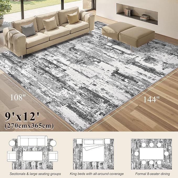 9x12 Area Rugs for Living Room - Washable Living Room Rug 9x12, Large Abstract Modern Neutral Soft Carpet with Non-Slip Backing, Stain Resistant for Bedroom Dining Indoor Decor (Black Grey)