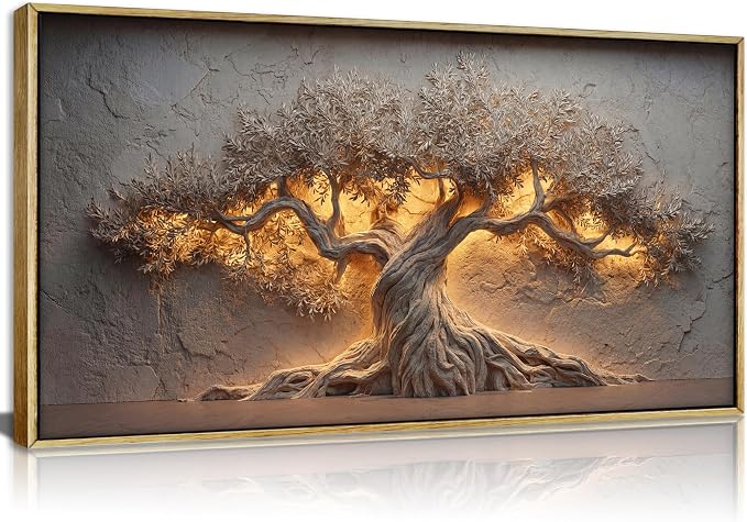 Framed Large Tree of Life Wall Art, Neutral Nature Big Tree Botanical Canvas Print Poster, Rustic Stone Wall Decor for Living Room Bedroom Hotel, Earth Tone,