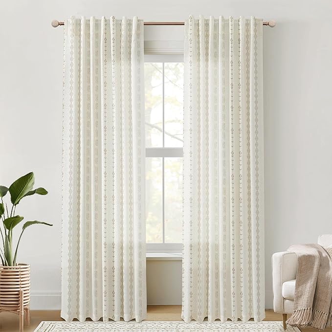 Linen Farmhouse Curtains for Living Room, Neutral Taupe Cream Light Filtering Boho Sheer Floral Patterned Curtains for Dining Room Bedroom 84 Inch Length 2 Panels Set