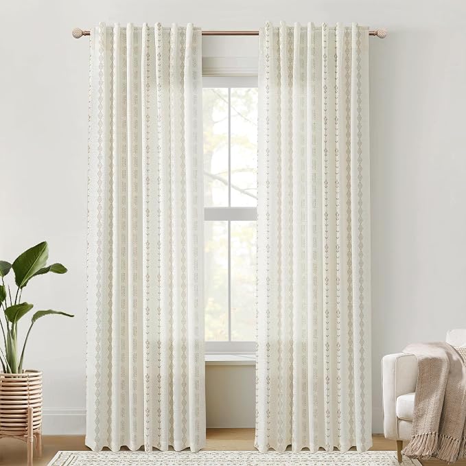 102 Inch Extra Long Curtains,Sheer Linen Boho Farmhouse Taupe Natural Floral Pattern Faux Embroidered Geometric Curtains for Living Room Bedroom 2 Panels Set