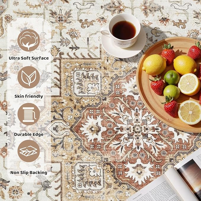 8ft Round Vintage Living Room Area Rug - 8x8 Large Soft Washable Oriental Traditional Distressed Farmhouse Rugs for Bedroom - Indoor Floor Accent Carpet for Home Office House Decor - Golden Taupe