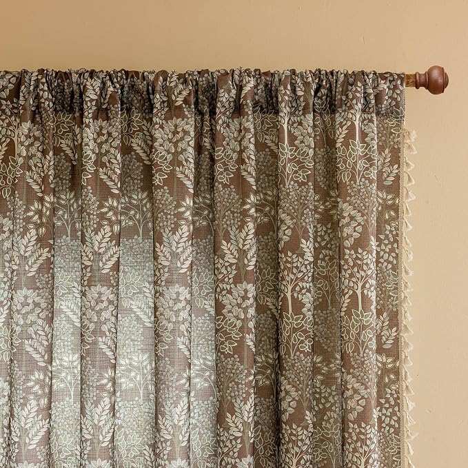 OYX Boho Floral Curtains 84 Inch Length 2 Panels, Linen Farmhouse Curtains Light Filtering Drapes with Tassels for Bedroom Living Room, Vintage Rustic Printed Rod Pocket