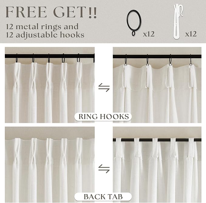 60 Inch Width Curtains 92 Inches Long Linen Pinch Pleated Curtains for Living Room Bedroom Semi Sheer Back Tab Hooks Rings Extra Wide Pinch Pleat Drapes for Patio Glass Door Natural Cream 1 Panel