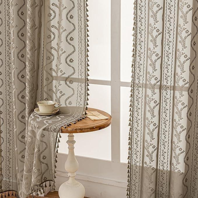 WAZZIO Boho Lace Curtains 2 Panels 84 Inch -Victorian Sheer Panel Drape French Country Floral Pattern & Tassel Light Filtering Privacy for Bedroom Dining Living Room,Coastal Decor,Taupe,W52x L84