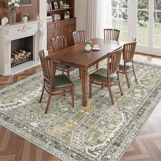 befbee 5x7 Area Rugs for Living Room,Stain Resistant Washable Rug,Non-Slip Backing Rugs for Bedroom,Kitchen,Printed Vintage Home Decor Rug (Green/Gold, 5'x7')