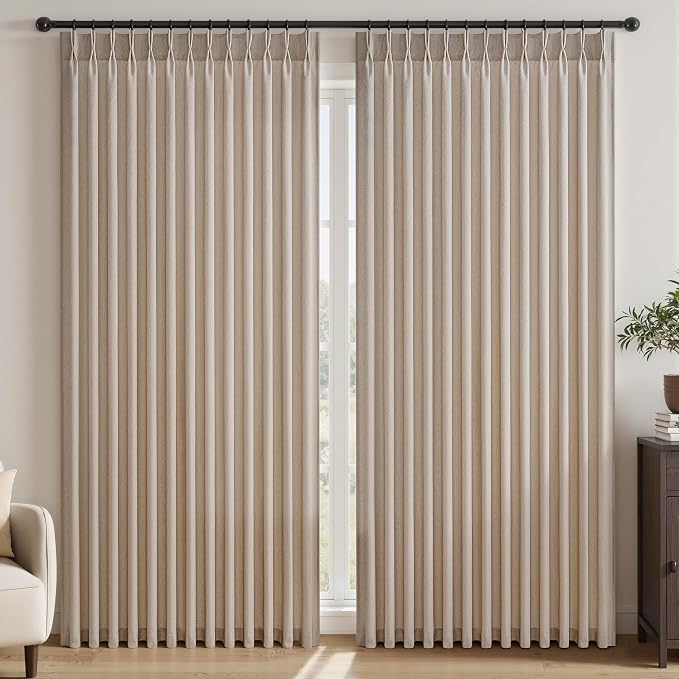 Pinch Pleated Curtains 90 Inches Long 2 Panels Set,Beige Semi Sheer Cotton Blend Fabric Aesthetic Advanced Curtain Drapes for Living Room Bedroom,72x90 inch Length