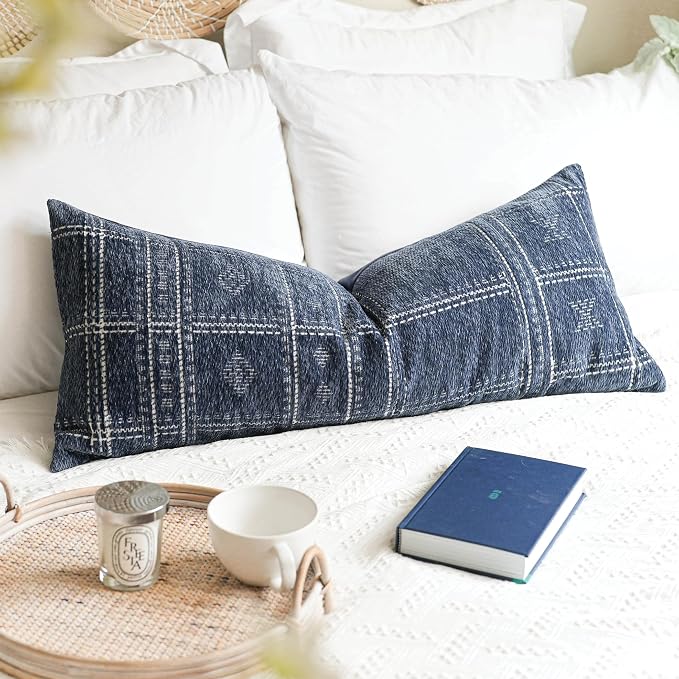 BlissBlush Decorative Lumbar Pillow Cover 14x36, Long Decorative Throw Pillow for Bed, Blue Boho Textured Chenille Accent Pillowcase for Bedroom Home Décor (Cover Only)