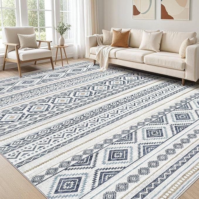 cotiled 6x8 Area Rugs Living Room Rug: Washable Boho Rugs with Non Slip Backing Large Soft Indoor Stain Resistant Carpet for Bedroom Farmhouse Dining Room Lightweight Home Decor Blue