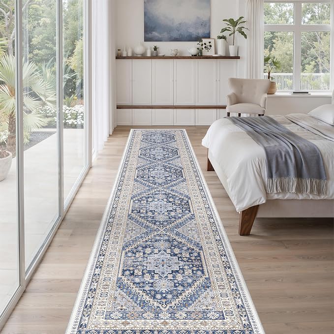 zesthome Long Hallway Runner Rug- Carpet Runners for Hallway 12ft, Anti Slip Backing Washable Rug Runner for Bathroom, Entrance, Living Room, Soft Low Pile Rug Runner(Blue/Beige,2'x12')