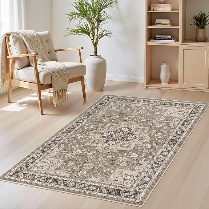 Vintage Living Room Area Rug 3x5 - Large Soft Washable Oriental Traditional Distressed Farmhouse Rugs for Bedroom - Indoor Floor Accent Carpet for Home Office House Decor - Brown