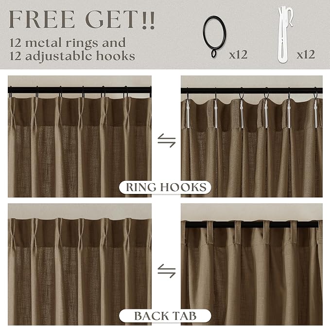 TWODRAPES 60 Inch Width Curtains 92 Inches Long Linen Pinch Pleated Curtains for Living Room Bedroom Semi Sheer Back Tab Hooks Rings Extra Wide Pinch Pleat Drapes for Patio Glass Dutch Cocoa 1 Panel